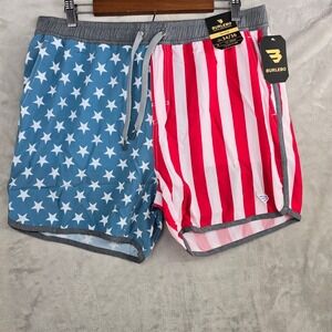 BURLEBO Men Swim Trunks hybrid Large USA American Flag Print Built In Liner NEW